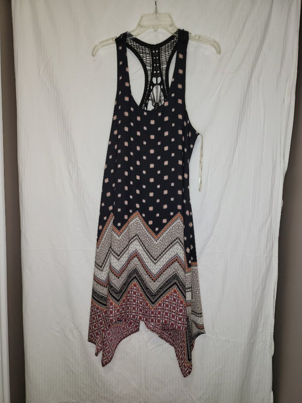 Trixxi Boho Handkerchief Hem Dress XL Crochet Racerback Black Geometric Print